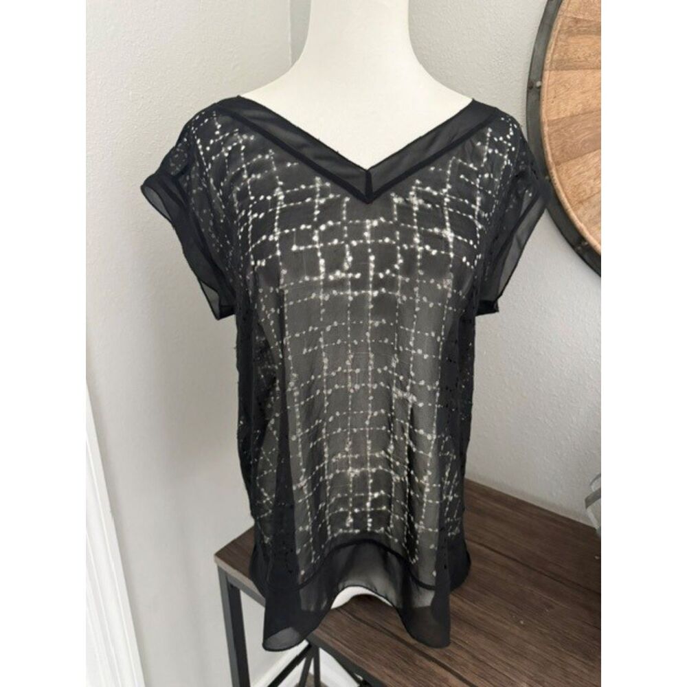 EILEEN FISHER Black Sheer V-Neck Overlay Blouse